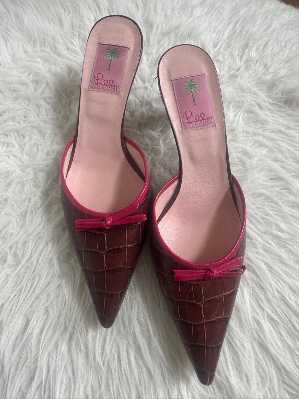 Lilly Pulitzer Brown Croc-Embossed Pointed Mule with Pink Trim